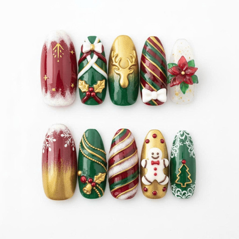 Reindeer Handmade Press on Nails Gingerbread Snow Tree Bow Xmas Fake Nails