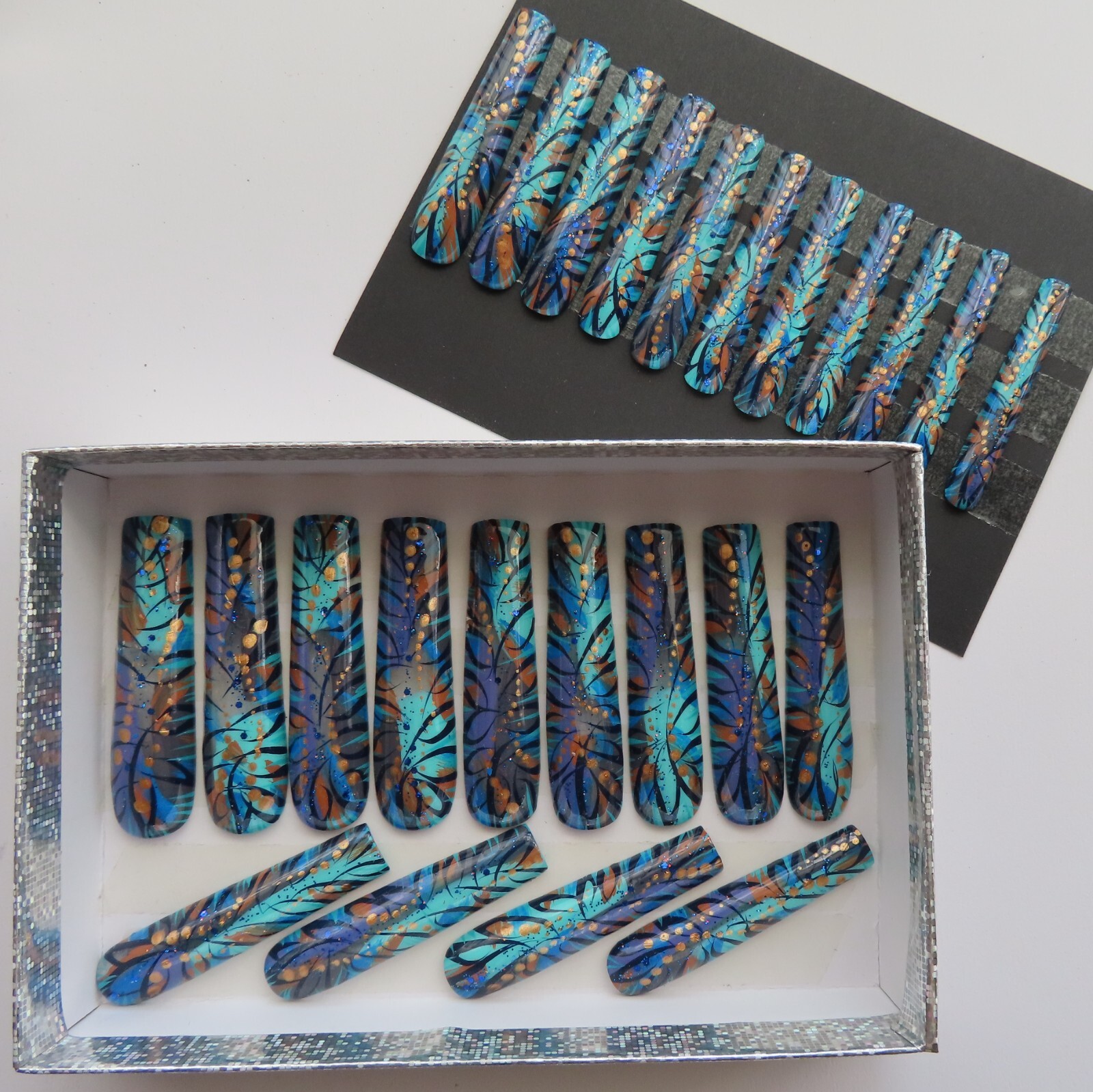 XXL Clear Purple Aqua Brown Blue Bronze Metallic Abstract Square Press On Nails