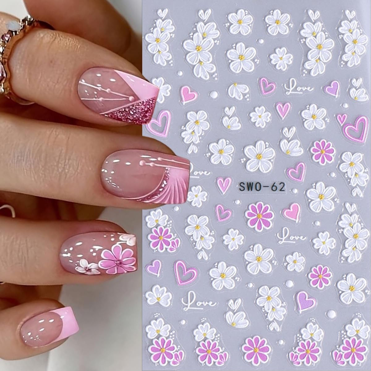 5D Embossed Flower Nail Art Stickers Pink White Floral Nail Stickers Camellia…