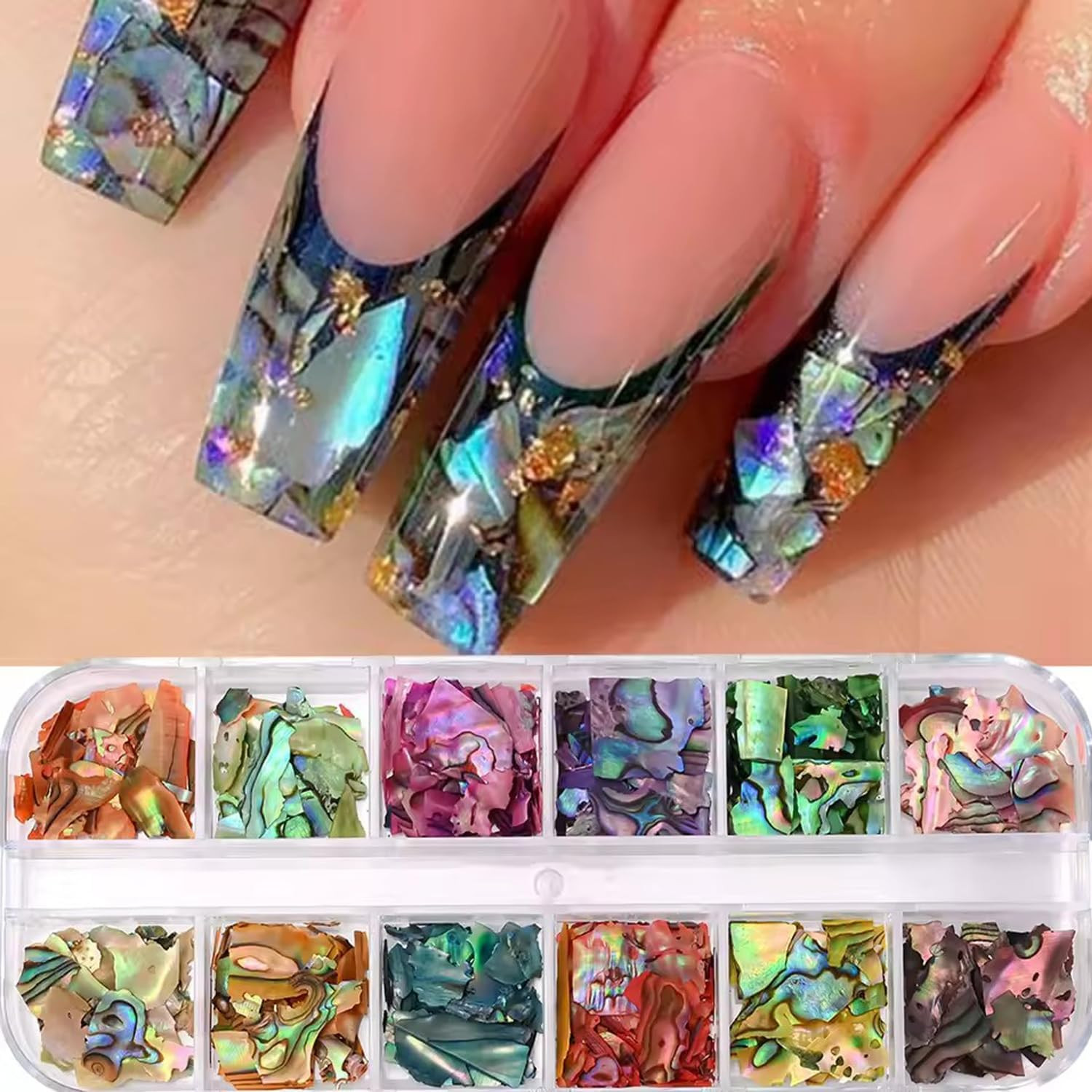 12Grids Nail Art Aurora Abalone Shell Flakes, Shiny Irregular Sea Shell 3D Charm