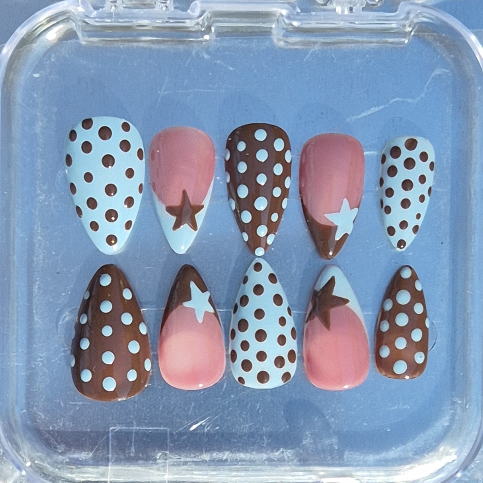 Blue Brown Pink White Star Polka Dot Almond Press-On Nails Medium Full Cover Set