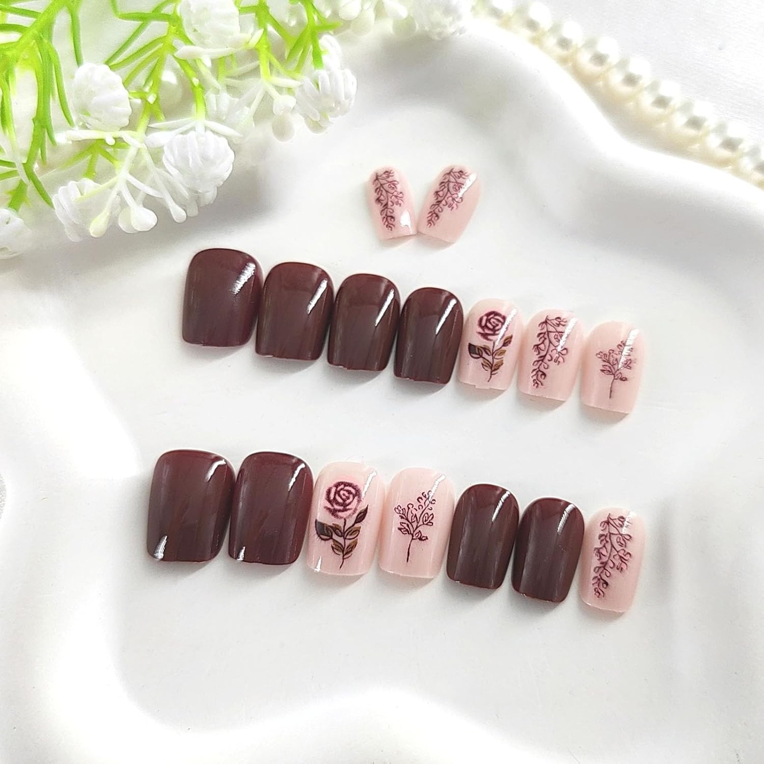 Fall Press on Nails Short False Nails with Pink Rose Leaves Designs Square Nails