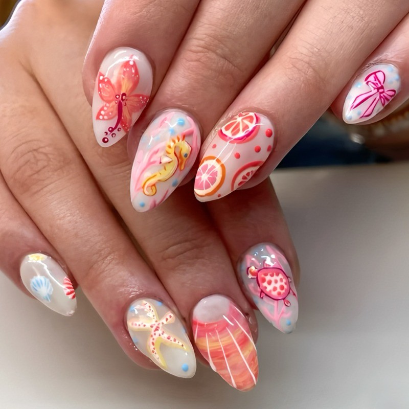 48pcs-Beach Vacation Press on Nails, Medium Almond Pink Sea Creature False Nails