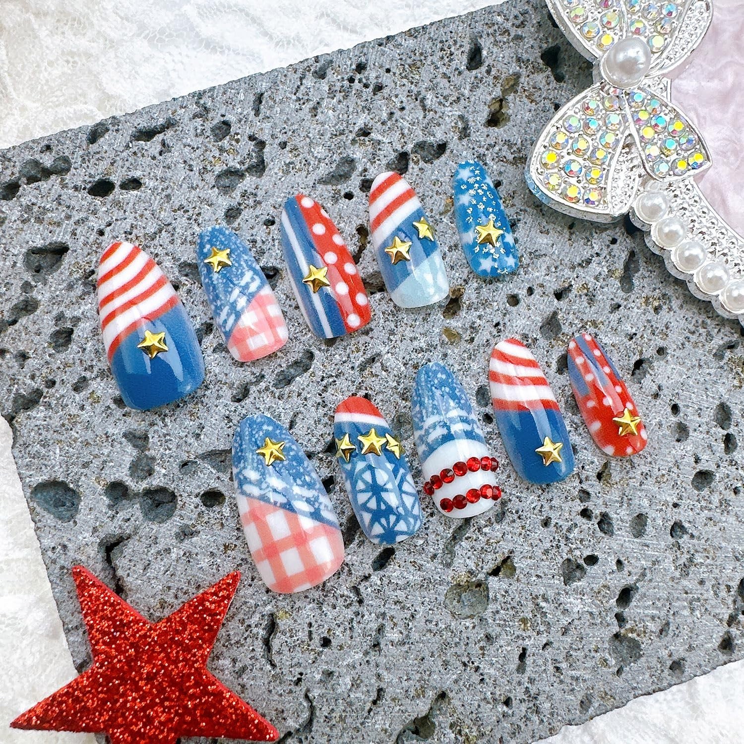 30Pcs 4th of July Press on Nails Medium Almond Fake Nails with Gold Star Red …