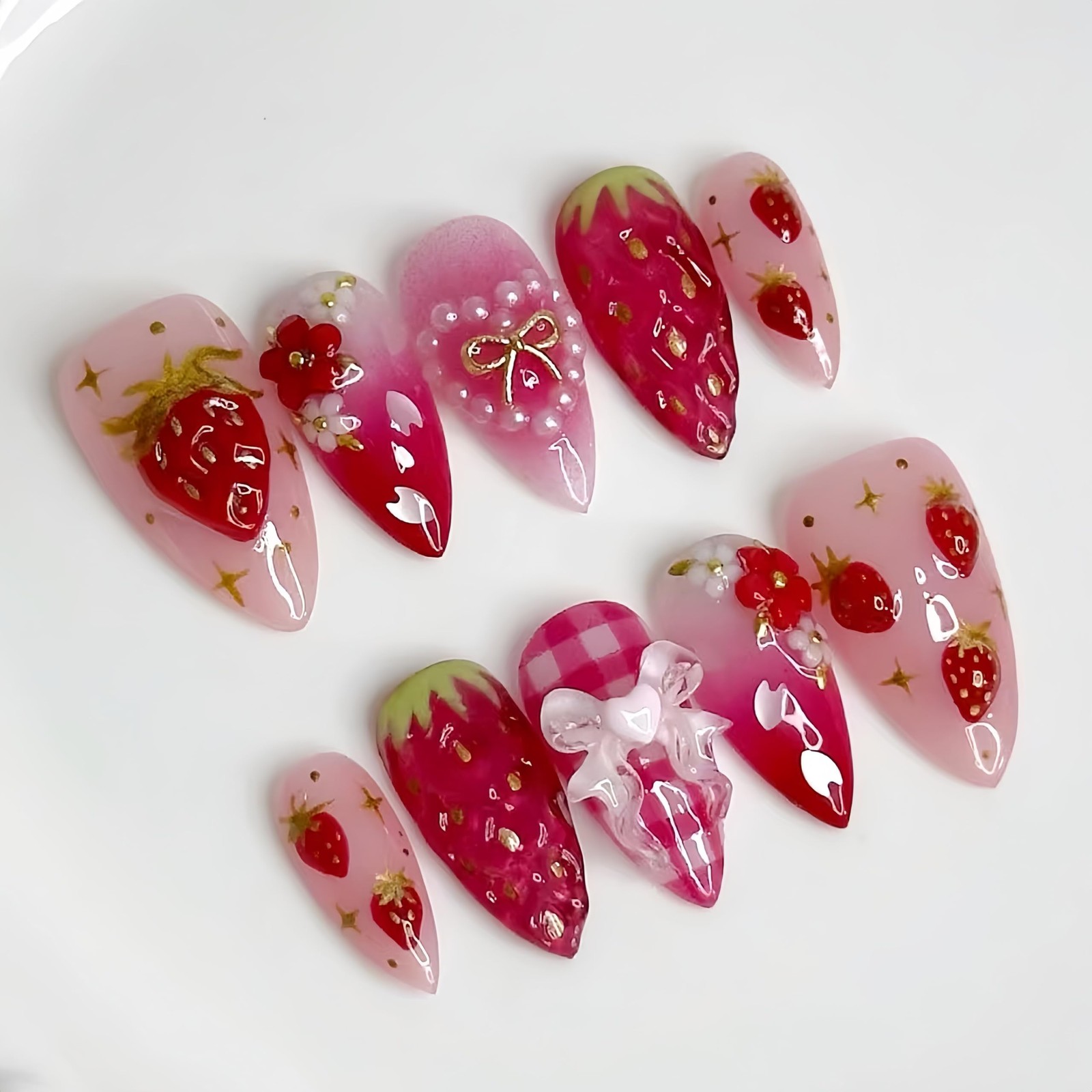 24Pcs Strawberry Flower Press on Nails Medium Almond 4*2*0.3in, Multicolor