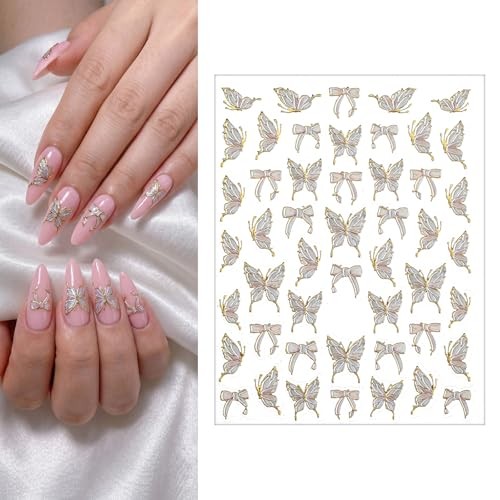 2 Sheets Butterfly Nail Stickers, Pink Light Shell Butterflies Bow Nail Art