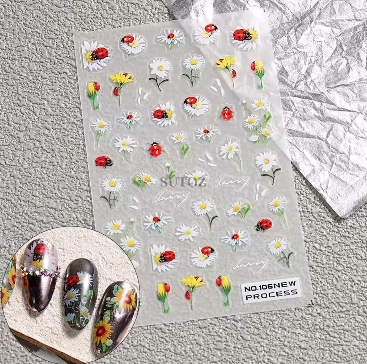 Daisy Nail Art Stickers Decals Ladybird Flowers Summer Spring DIY Nails 106