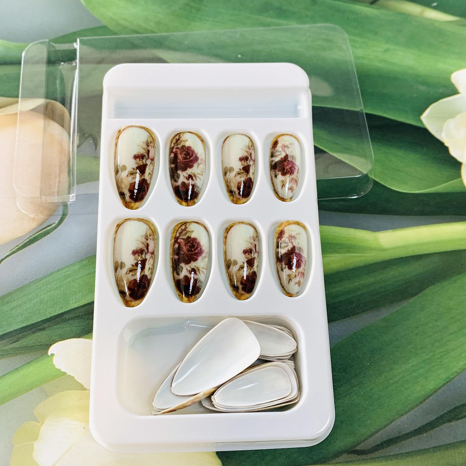 Press on Almond Nails Medium Length Glossy Full Cover Acrylic Rose Floral