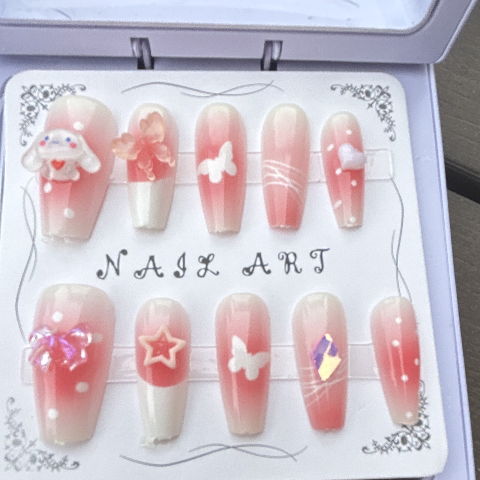 Pink/White Ombre Press-On Nails 3D Butterfly Full Cover Pre-Designed Long Coffin