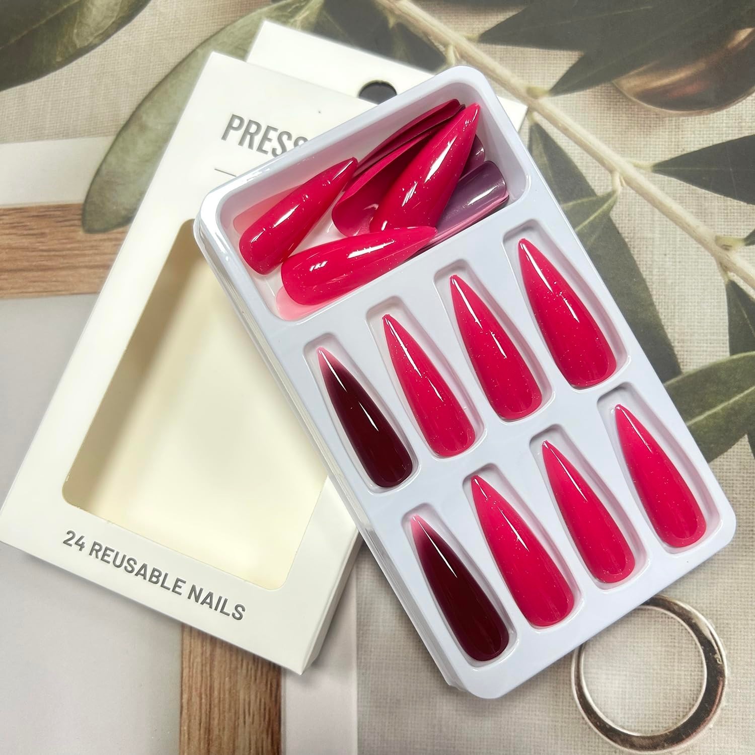 Press on Nails Long Length Almond Tip False Nails Red Gradient Glitter Powder…