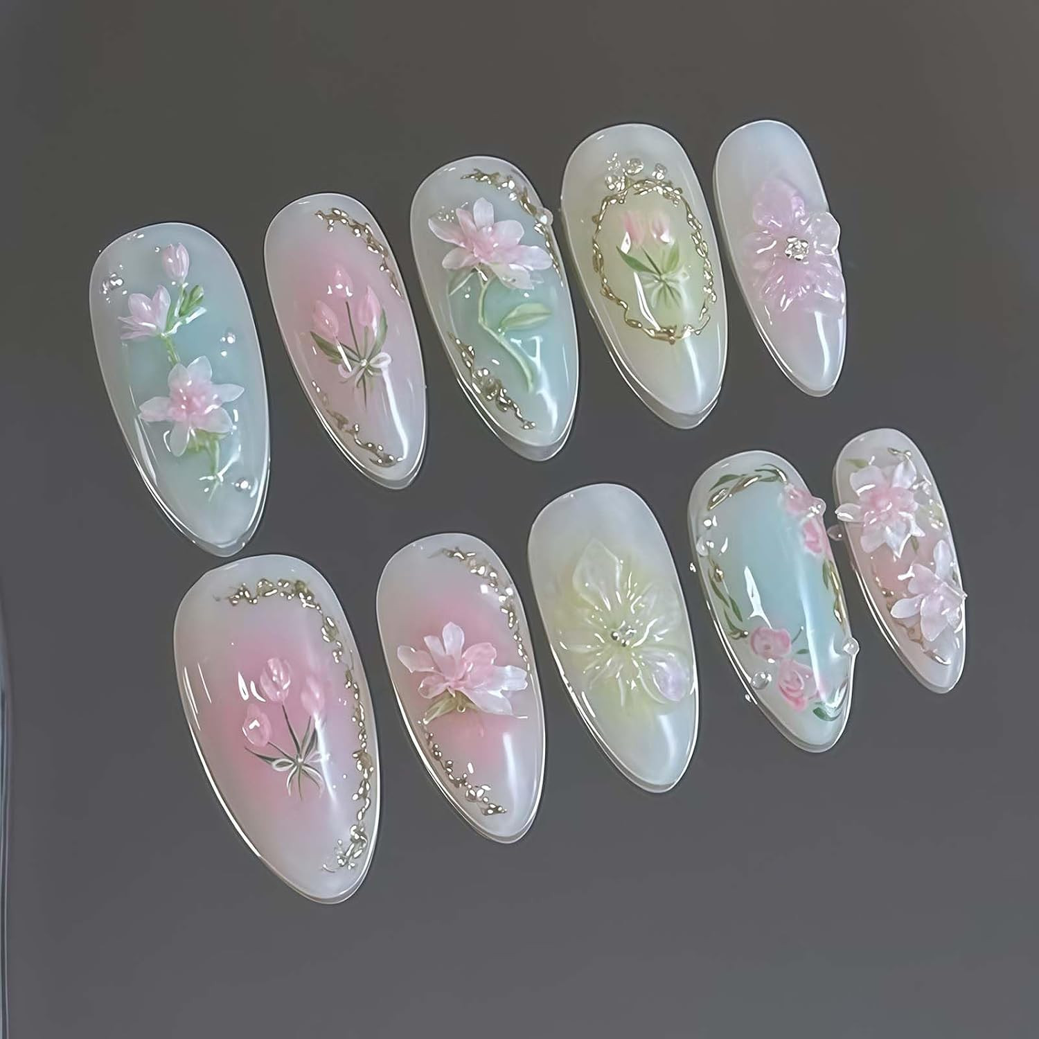 24Pcs Spring Press on Nails Medium Almond Pink Flower Leaf Fake Nails with 3D Go