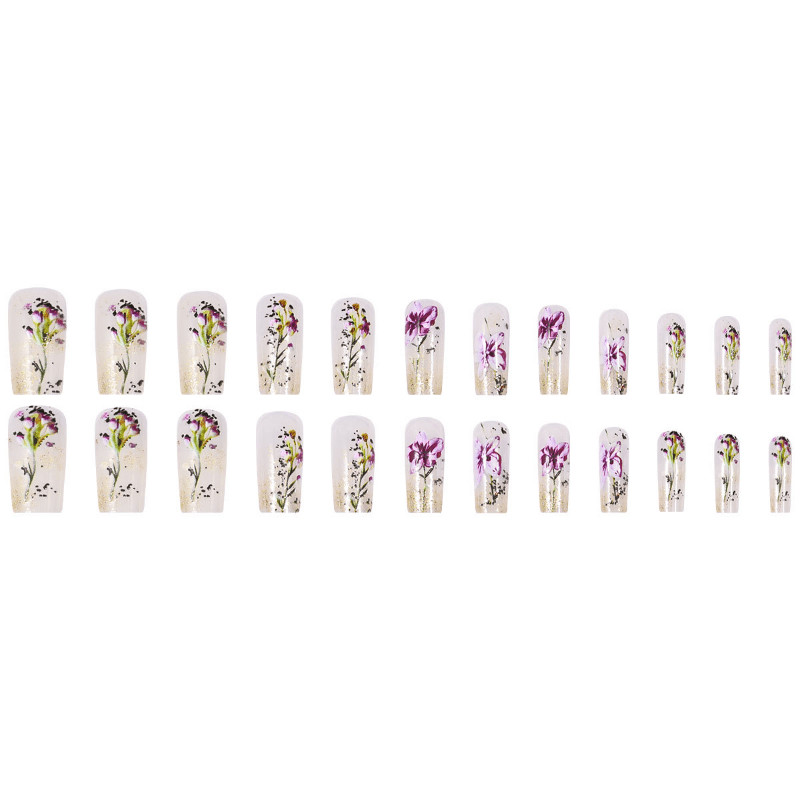 48pcs Long Taper Press on Nails, Clear Nude Purple Lavender Dried Flower Nails