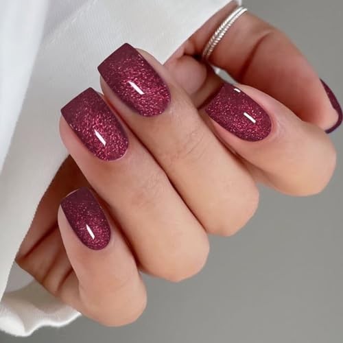 Gel Nail Stickers Glitter Cat Eye Semi Cured Gel Nail Dark Red Glitter Cat Eye