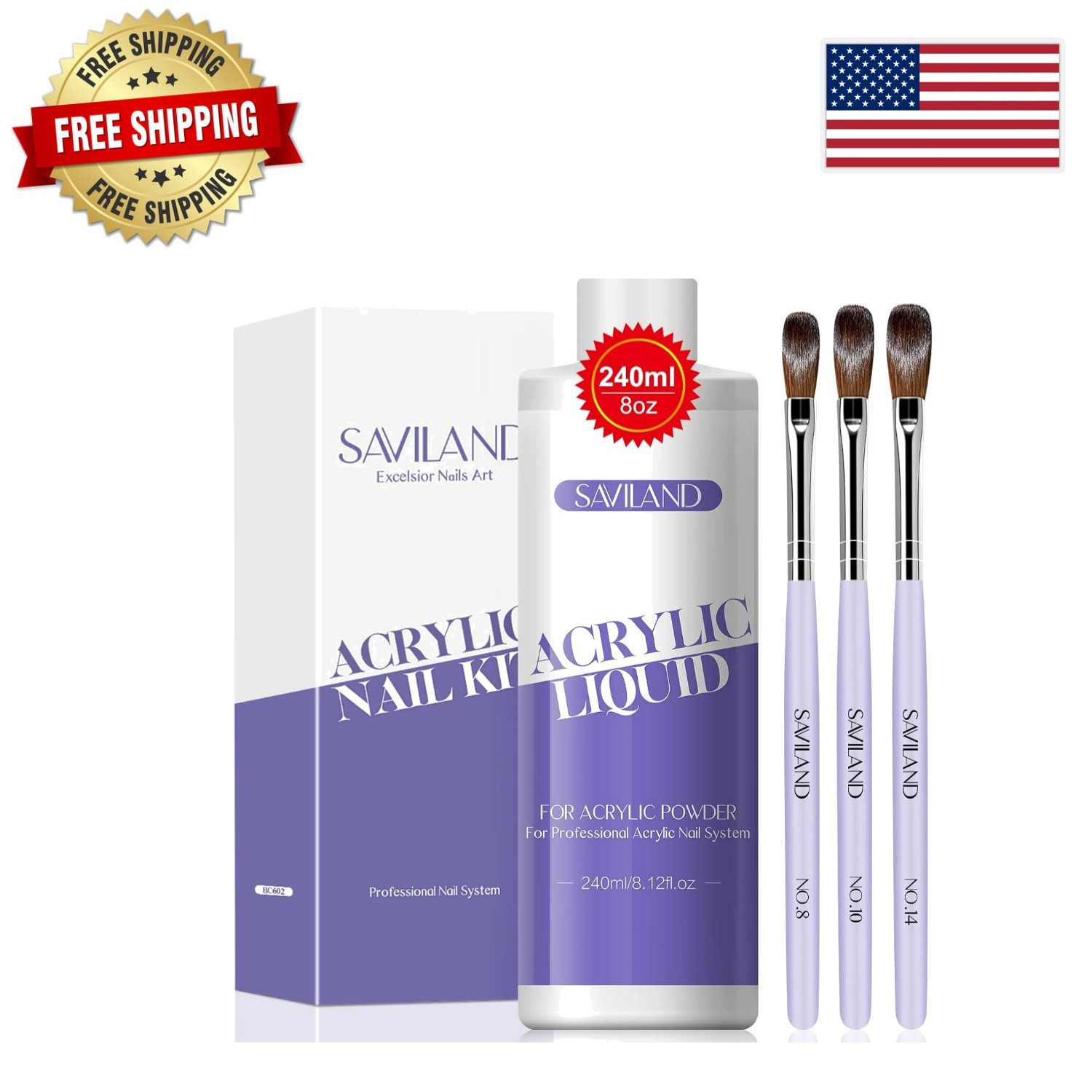 Professional 8oz Acrylic Nail Liquid with 3 Brush Set – Smooth & Chip Resistant