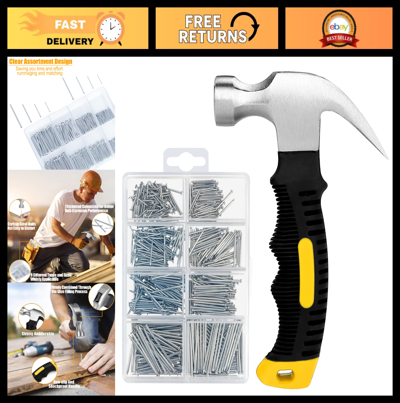 700PC Nail Assortment Kit with 8oz Hammer for Wall Art, Picture Frames & Decor