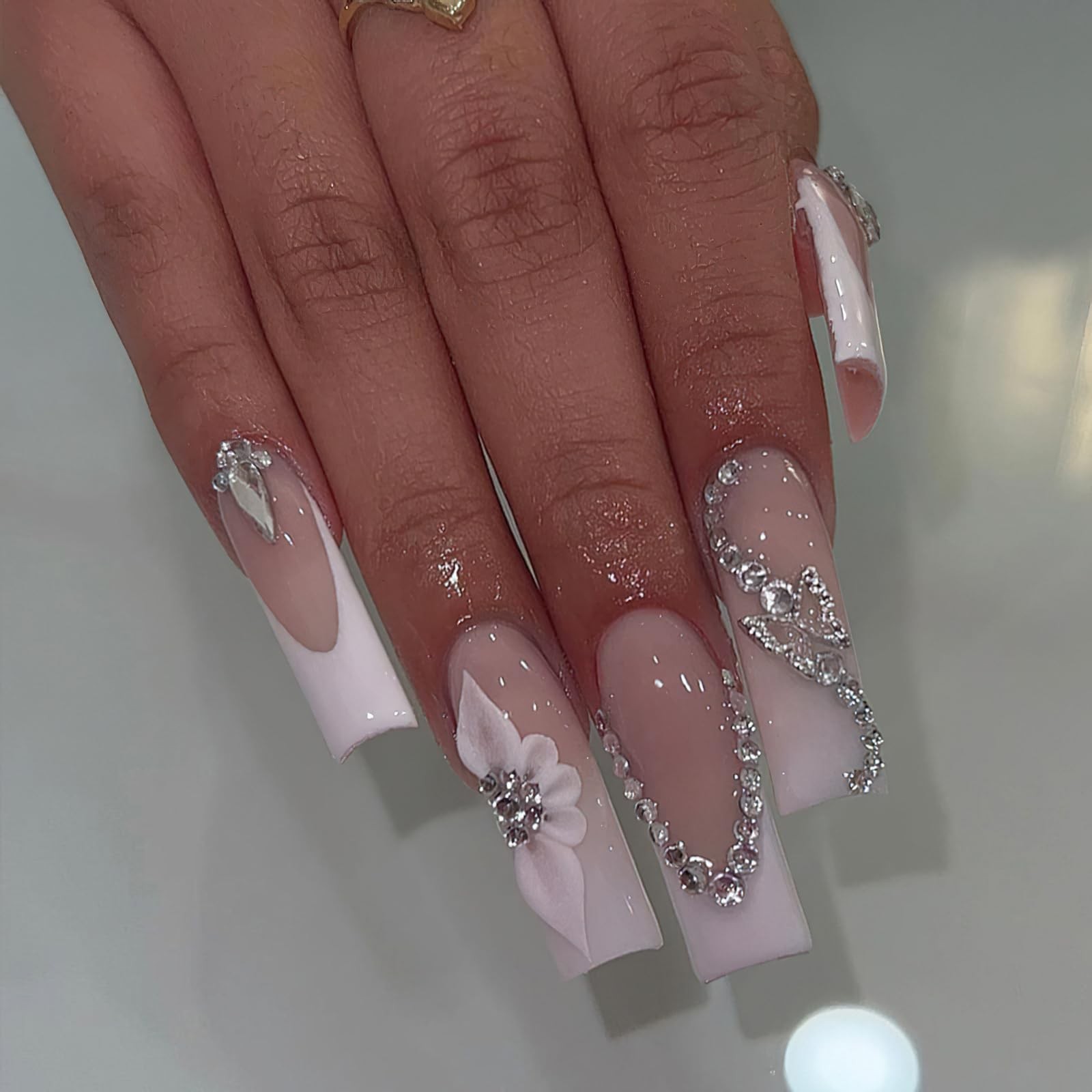 French Tip Press on Nails Long Square Fake Nails Glossy Nude False Nails with…