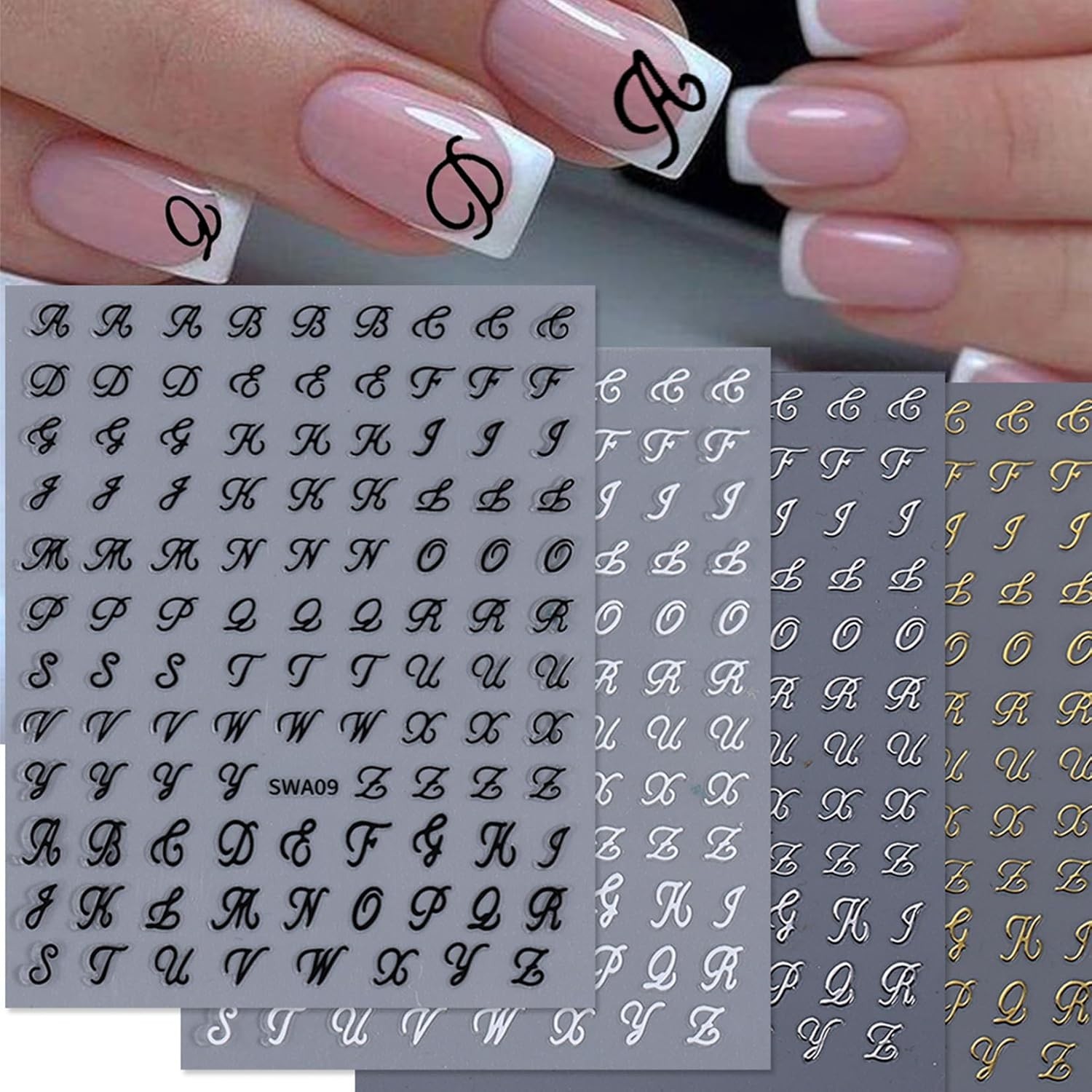 Letters Nail Art Stickers Decals 12 Sheets Alphabet Initial Nail Decals 3D Self-