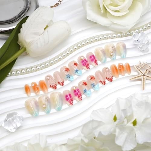 24Pcs Summer Ocean Press on Nails Short Almond French Tip Fake Nails with Pearl