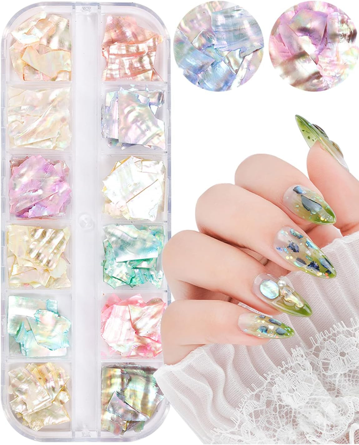 24 Grids Seashell Nail Art Nail Flakes, Irregular Abalone Seashell Colorfula