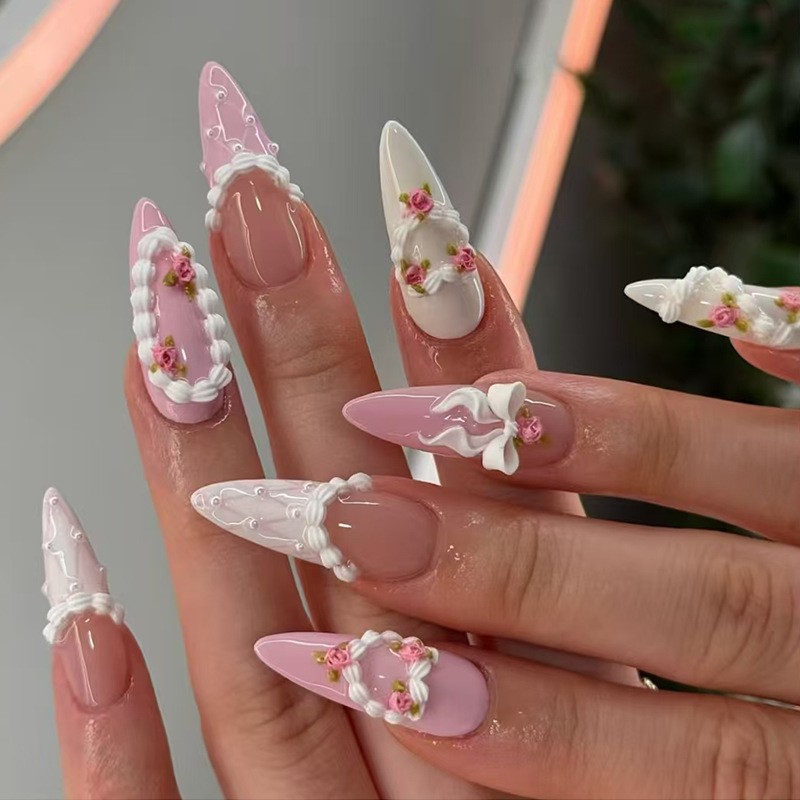 48Pcs-Pink Fake Nails Long Almond 3D Lace Trim Tiny Flower Sweet False Nails