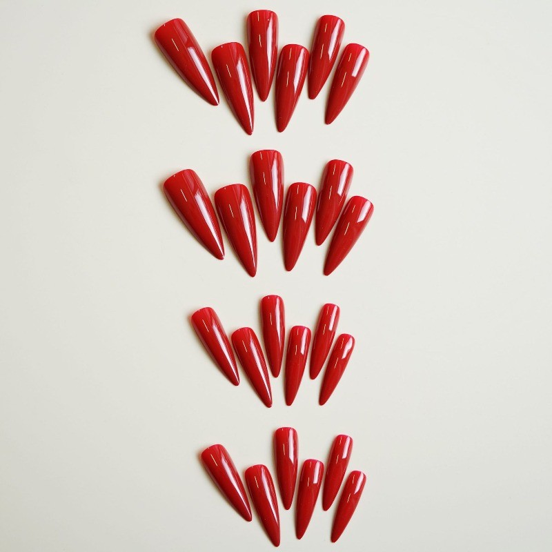 48Pcs-Bright Red Gloss Press on Nails Extra Long Stiletto Solid Color Manicure