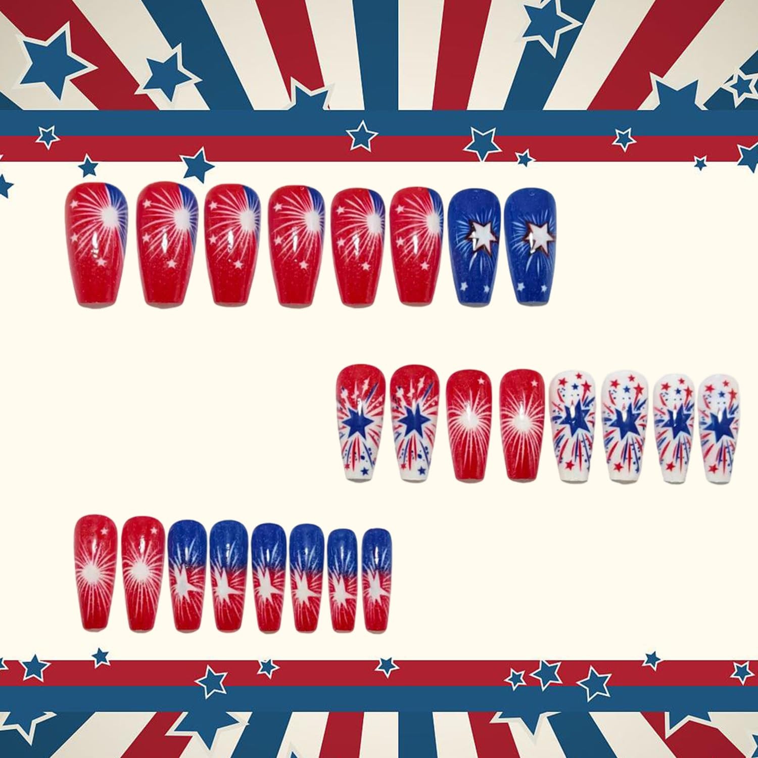 4th of July Press on Nails Ballet Shaped Artificial Acrylic Gradient Firework…