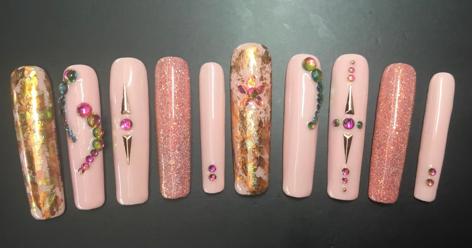 Peach-Pink Gemmed Long Square No Curve Press-On Nails, Medium – Handmade