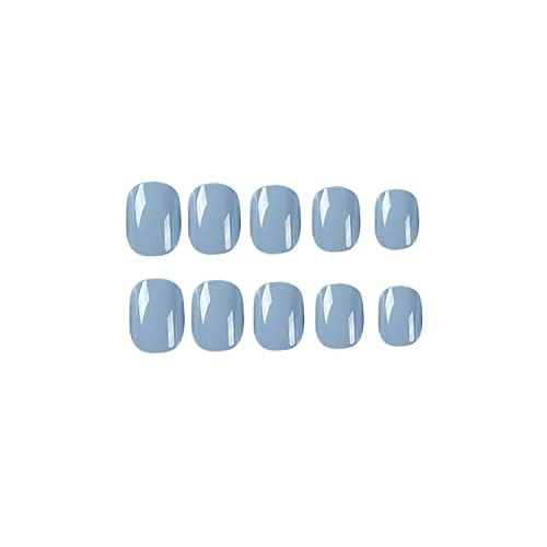 Square Blue Fake Nails – Full Cover with Glossy Gray-Blue Glossy