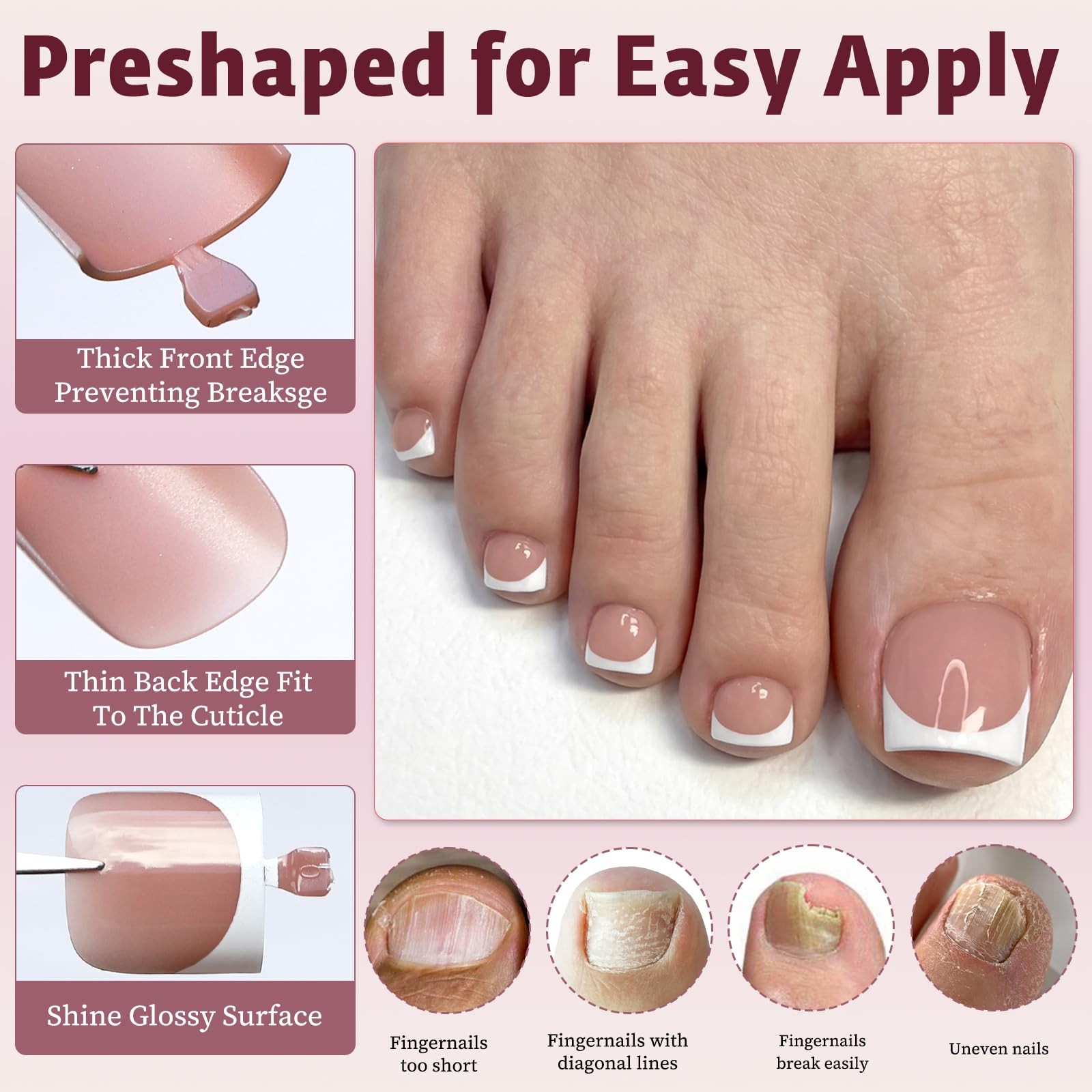 French Press On Toenails For Women with Nail Adhesive Tabs, 180 Pcs White Fre…