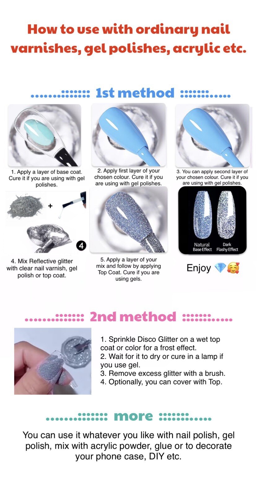 Silver Reflective Nail Disco Glitter for Gel Polish & Varnish Flash Night Effect