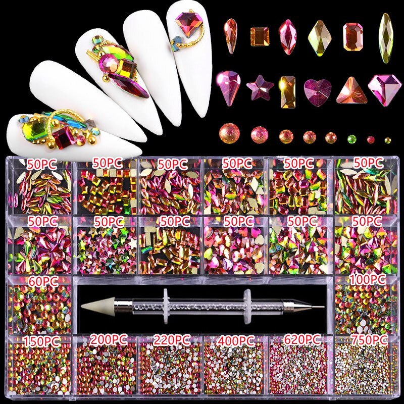 3100PCS/Boxed Luxury Rhinestone Nail Art Jewelry Set Glass Nail Crystals Box