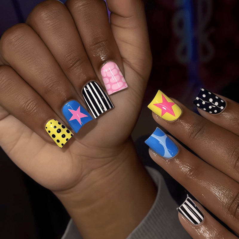 48pcs Short Square Press On Nails, Y2K Colorful Star & Polka Dot Striped Design