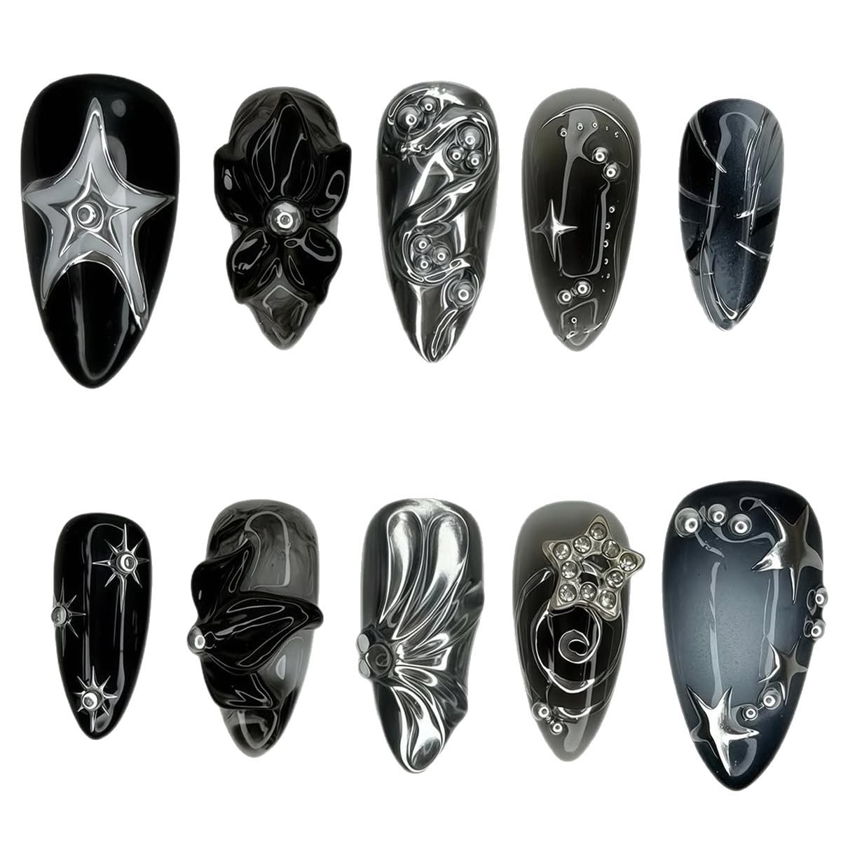 30Pcs Black Flower Press on Nails Short Almond Fake Nails Punk Metal Y2k Fals…
