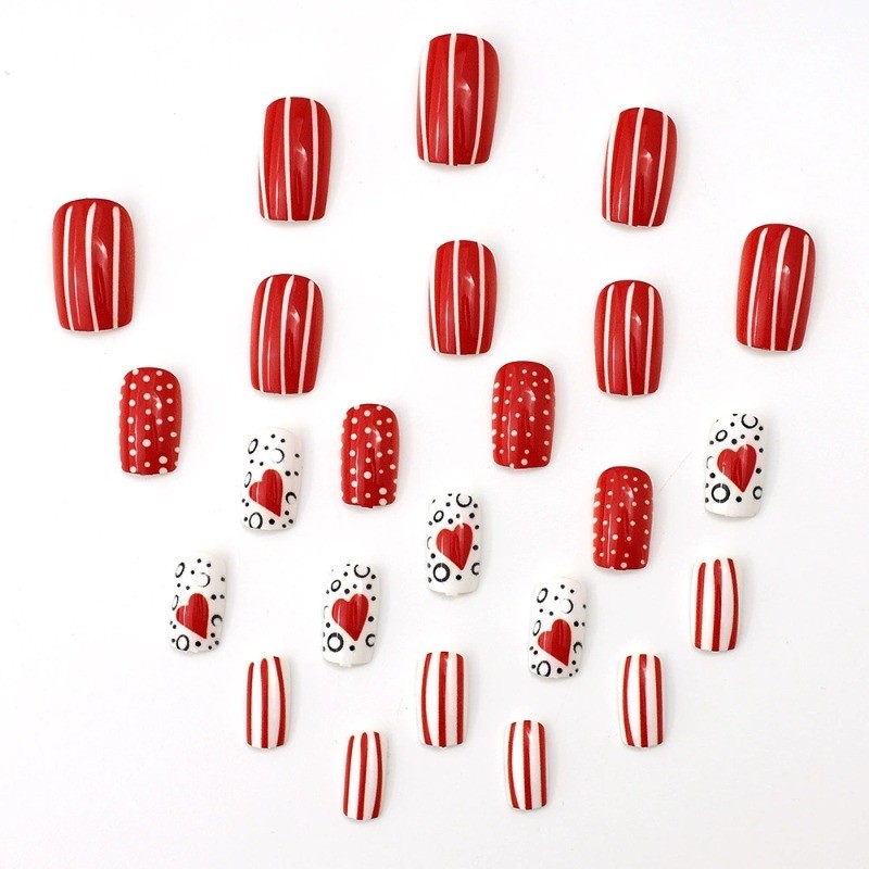 48PCS Women’s Red Square Long Nails with Red Border Heart-shaped Nail Art