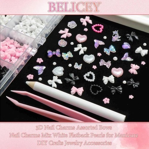 600PCS 3D Nail Charms and Flatback Pearls 3 Colors Bows Nail Art Charms Flowe…