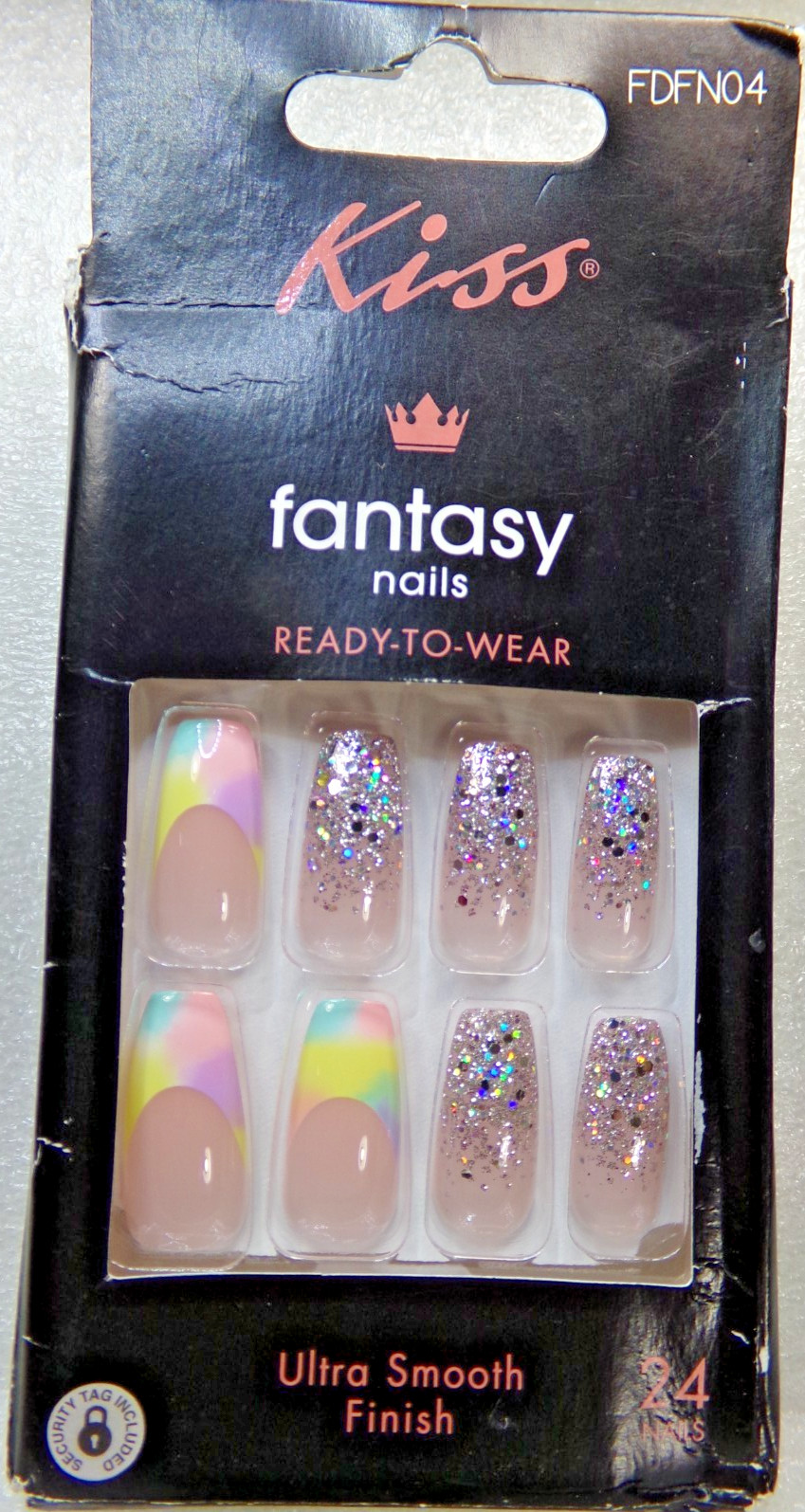 Kiss Fantasy Artificial Nail Long Rainbow Pastel French with Glitter