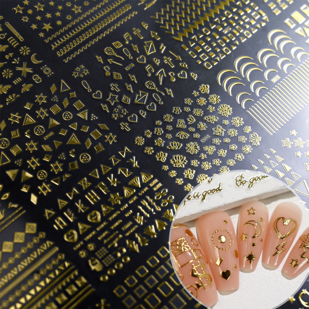 10 Sheets Nail Art Stickers Gold Lace Moon Star French Line Geometric Slider C91