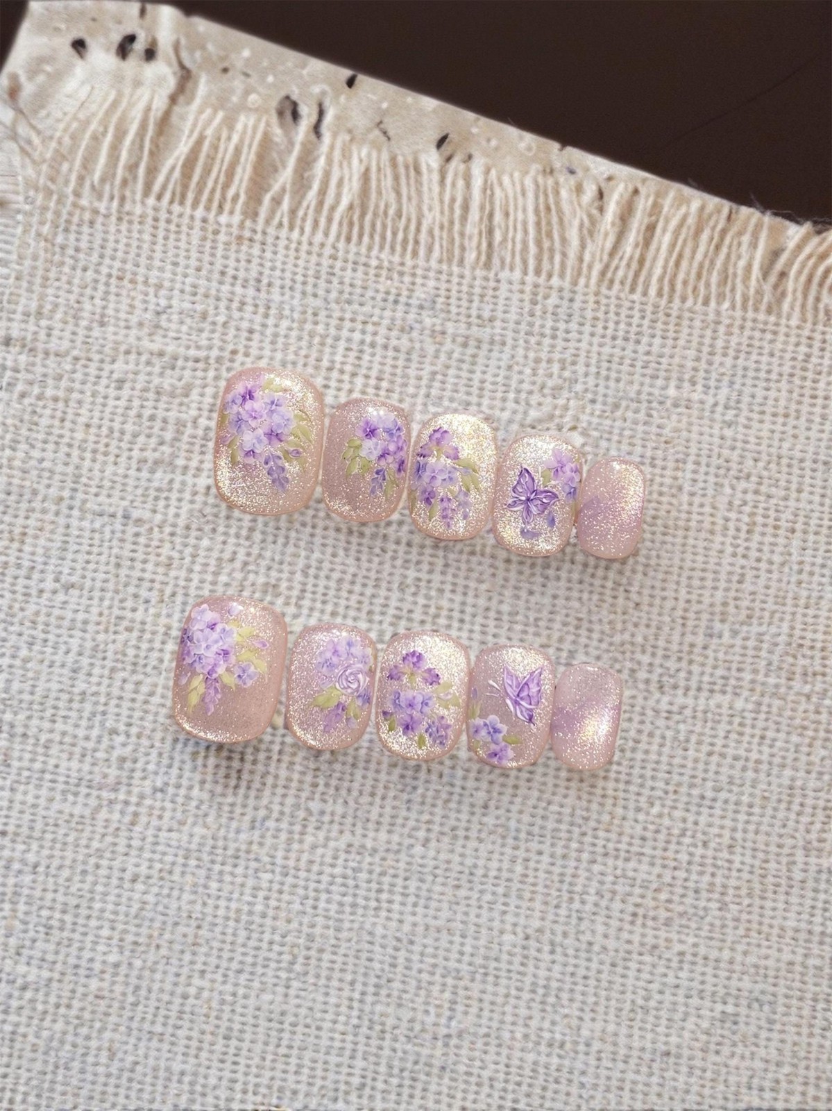 Custom Pure Handmade Nails Nude Shimmer Lilac Butterfly Gentle Girls Manicure