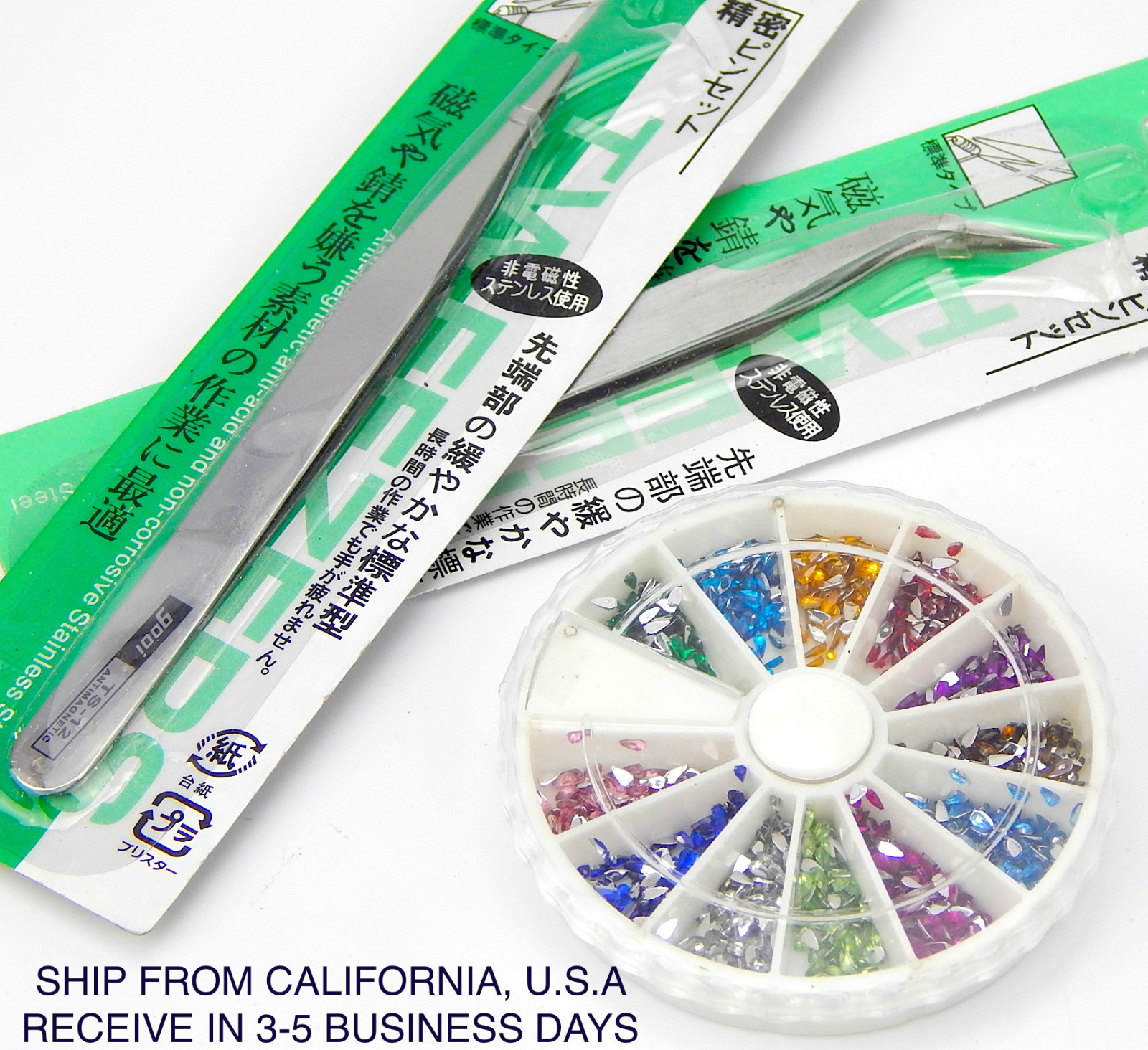 NAIL ART TIPS RHINESTONES TEAR DROP DESIGN + 2 PCS TWEEZER SET
