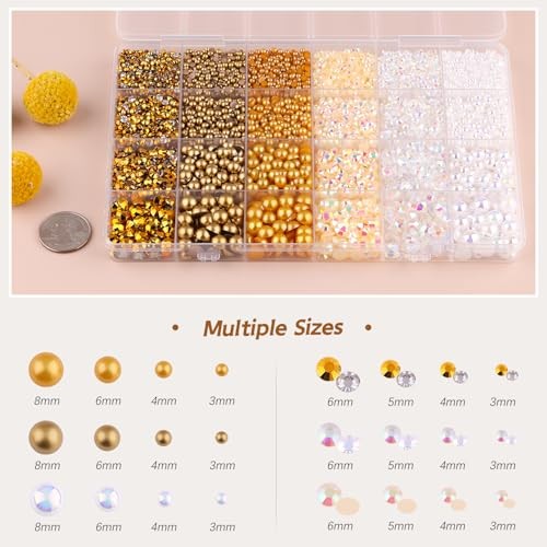 14000PCS Flatback Pearls and Gold Rhinestones for Bedazzling Kit | White Brown