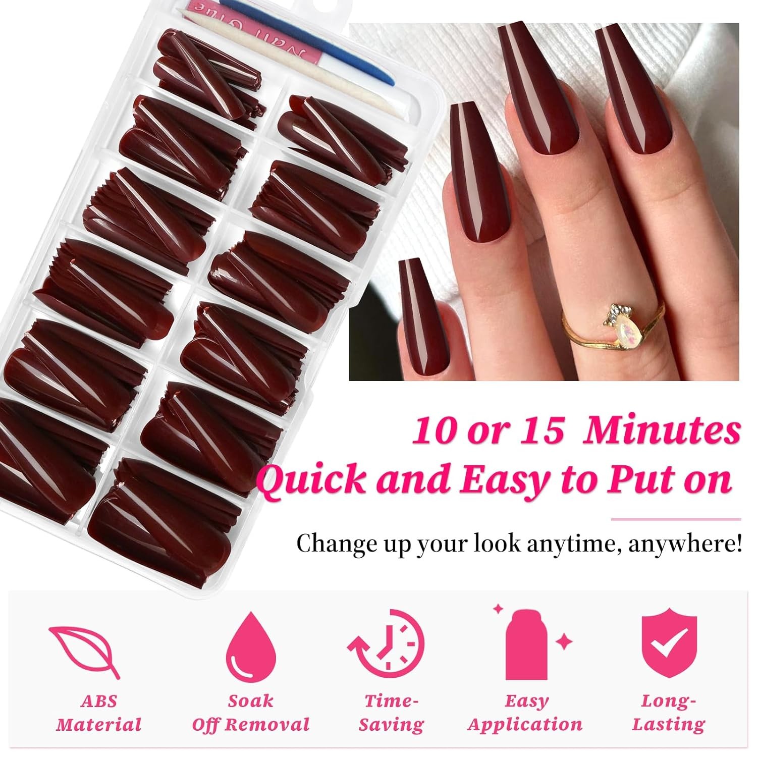 120PC Burgundy Coffin Press on Nails Long Fake 12 sizes, Wine Red