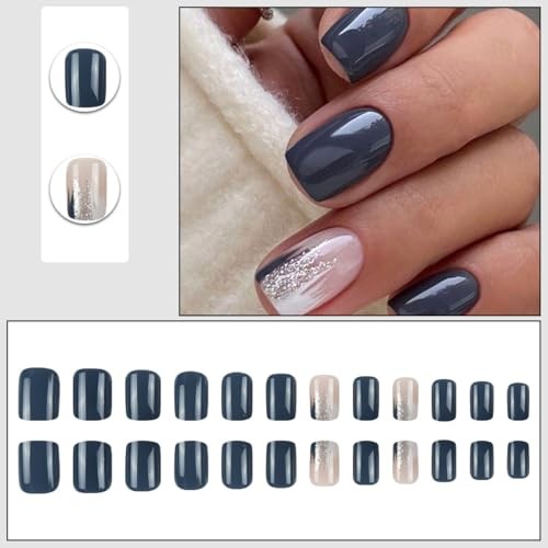 24Pcs Dark Black Blue Press on Nails Short Square Fake Nails Grayish Blue