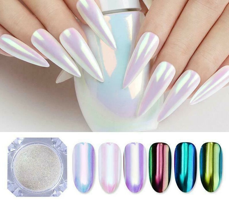 9 Colours UNICORN AURORA NAIL CHROME POWDER Rainbow Mirror Mermaid Chameleon UK