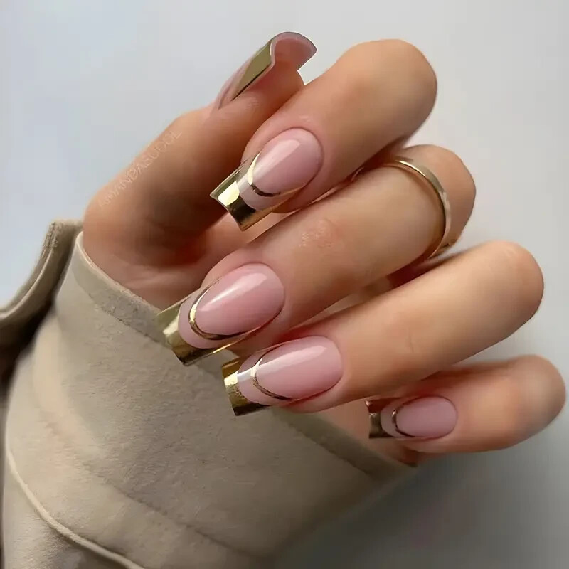 24pcs Glossy Medium Curve Press-On Nails Pink Golden French Fake Nails Women