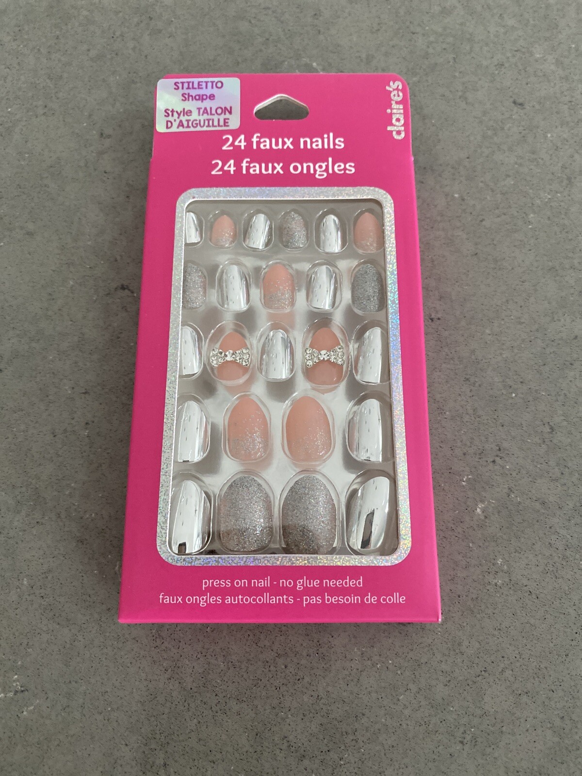 Claire’s Glitter Bow Stiletto Press On Faux Nail Set – Silver, 24 Pack | New