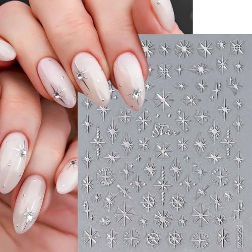 12 Sheets Bronzing Silver Nail Art Stickers, 3D Self-Adhesive Sun Moon Style12