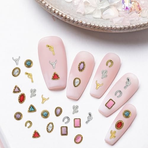 50 PCS Western Nail Charms – 3D Vintage Turquoise Gems, Retro Cowboy Nail Art DI