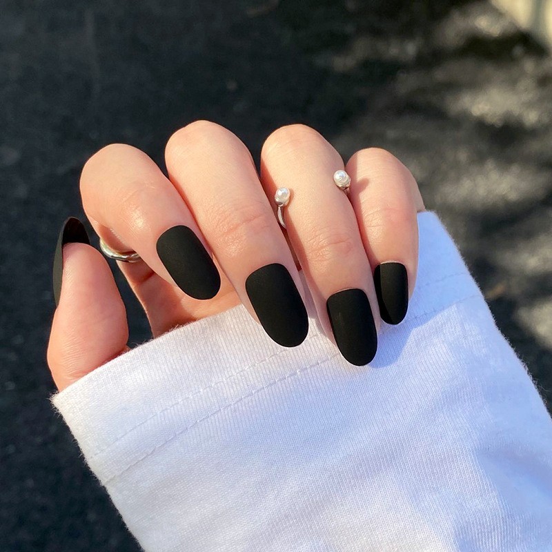 Matte Black Oval Press-On Nails, Medium Fake Nails with Full Prep Kit, 24Pcs