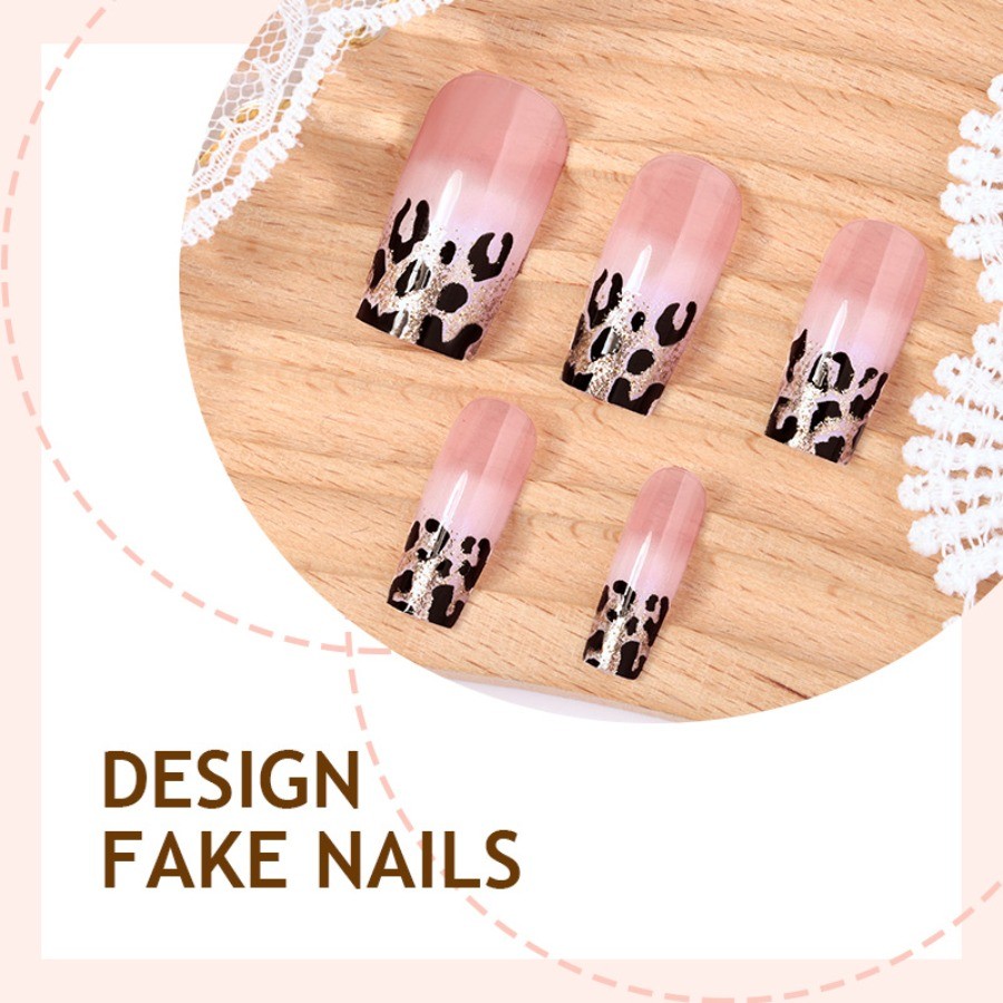 48p-Press on Nails Nude Gold Ombre Leopard Print Glitter French Tip Long Square
