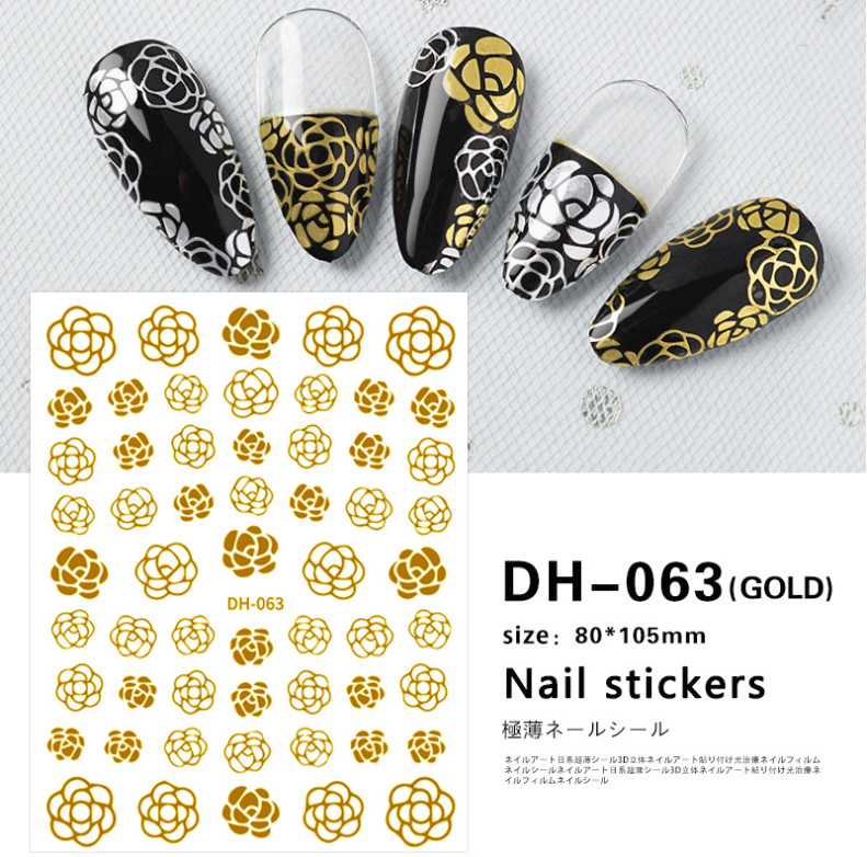 Nail art 3D stickers Adhesive Decals White Black Gold Rose Flower DH63 DIY NS53